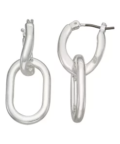 Nine West Silver Tone Chain Link Drop Hoop Earrings