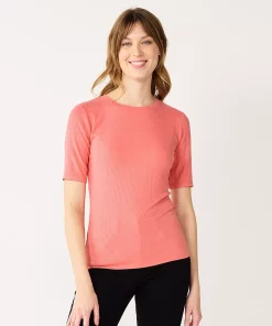 Women's Nine West Ribbed Fitted Elbow-Sleeve Tee -Nine West Sales 6171586 Cruz Coral